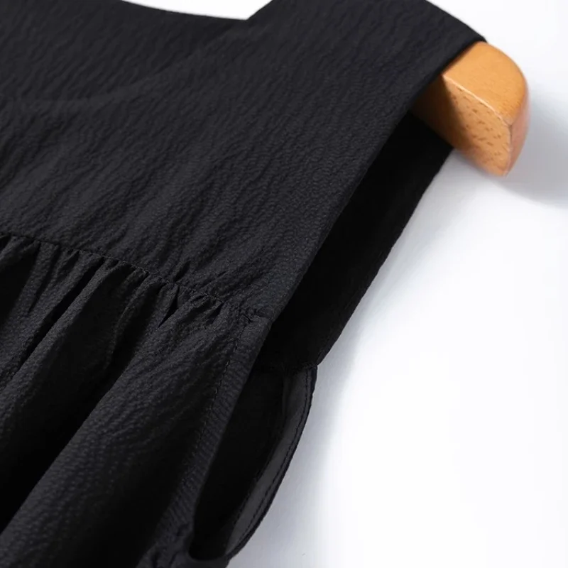 Tcyeek 100 ℅   Vestido de seda amoreira para mulher, decote em o solto sem mangas preto moda em camadas vestido, 2025 novo verão d55608jf