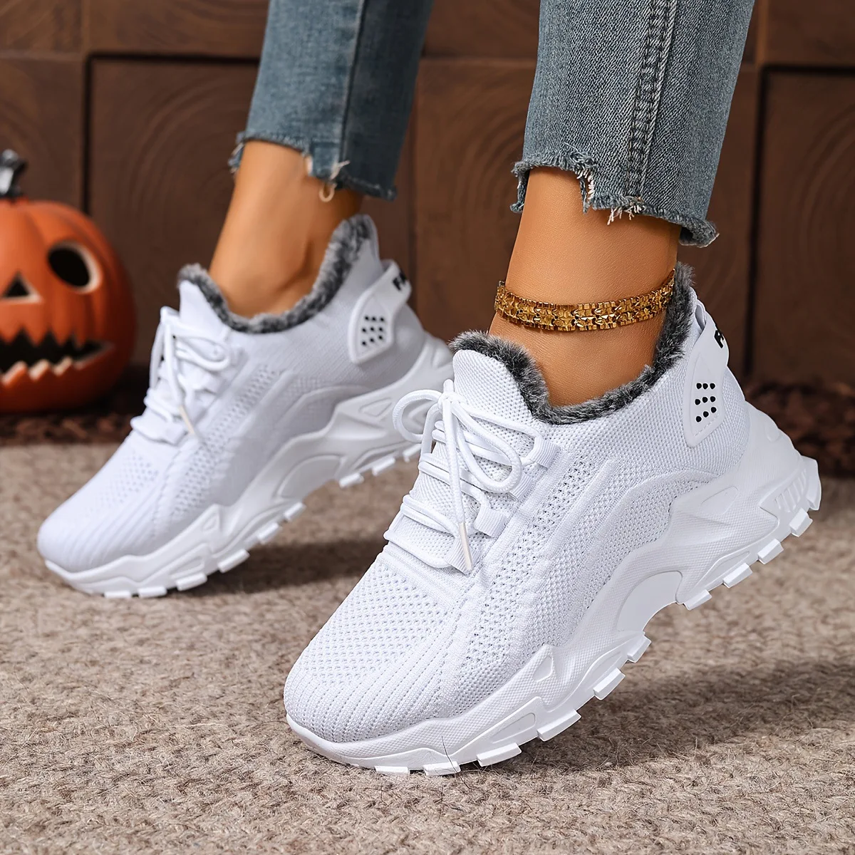 Damen Winter-Thermosneaker aus Strickstoff mit Schnürung, Plüschfutter, rutschfester dicker Plateausohle, Outdoor-Wanderschuhe, Freizeitschuhe – Detail 10