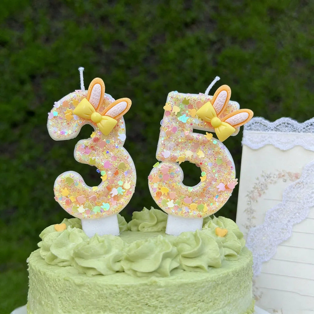 1Pc 0-9 Digital Candle With Rabbit Ear Creative Number Bow Knot Candles Cake Topper Decor for Birthday Wedding Gatherings Party