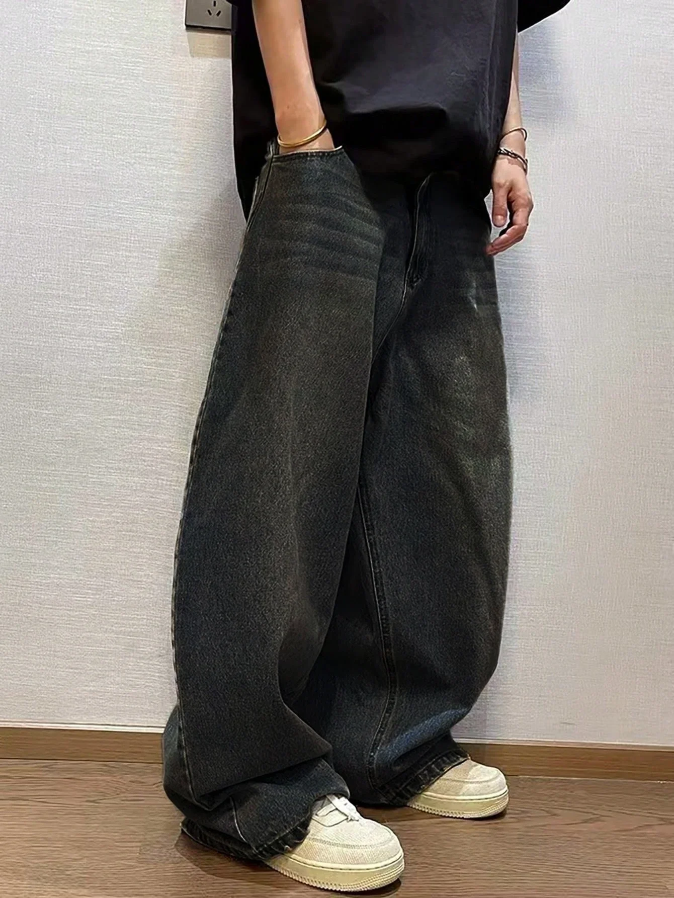 

Pop 1Pc Men's Wide Pants Brushed Jeans Wide Jeans Y2K New Rocks Jeans Buggy Black Hip-Hop Pants