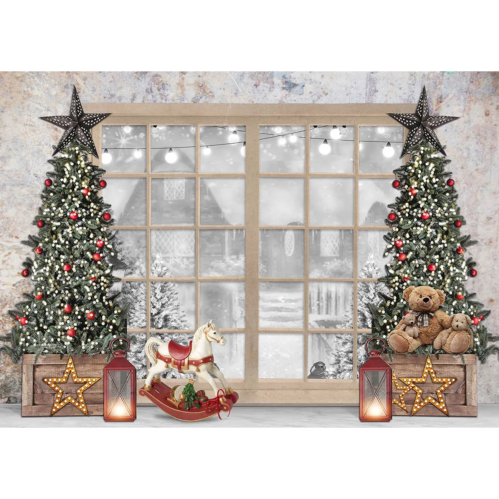 雪に覆われた窓の背景,クリスマスツリー,クマのおもちゃ,冬のパーティーの装飾,ポートレート写真撮影