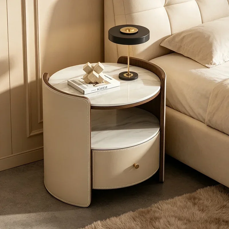 #Saddle Leather Round Bedside Table Japanese Luxury Slate Nightstands Modern Bedroom Storage Side Cabinet Designer Home Furnitur