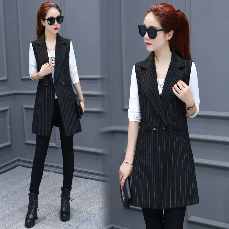 2023 Spring Autumn New Suit Vest Jacket Women\'s Slim Sleeveless Coat Fashion Trend Female Temperament Stripe Long Waistcoat Tops