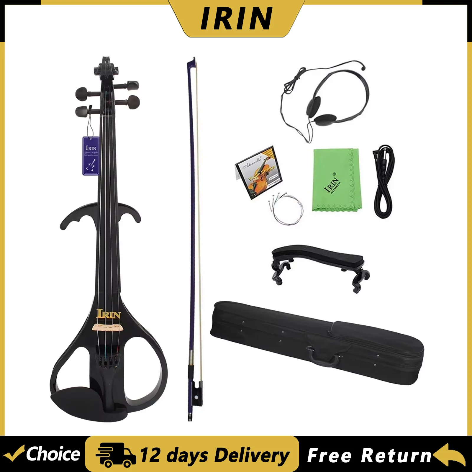 IRIN AU-02B 4/4 Elektrische Violine Ahorn-Korpus Elektrisches Geige-Saiteninstrument mit Koffer Kabel Kopfhörer Teile & Zubehör