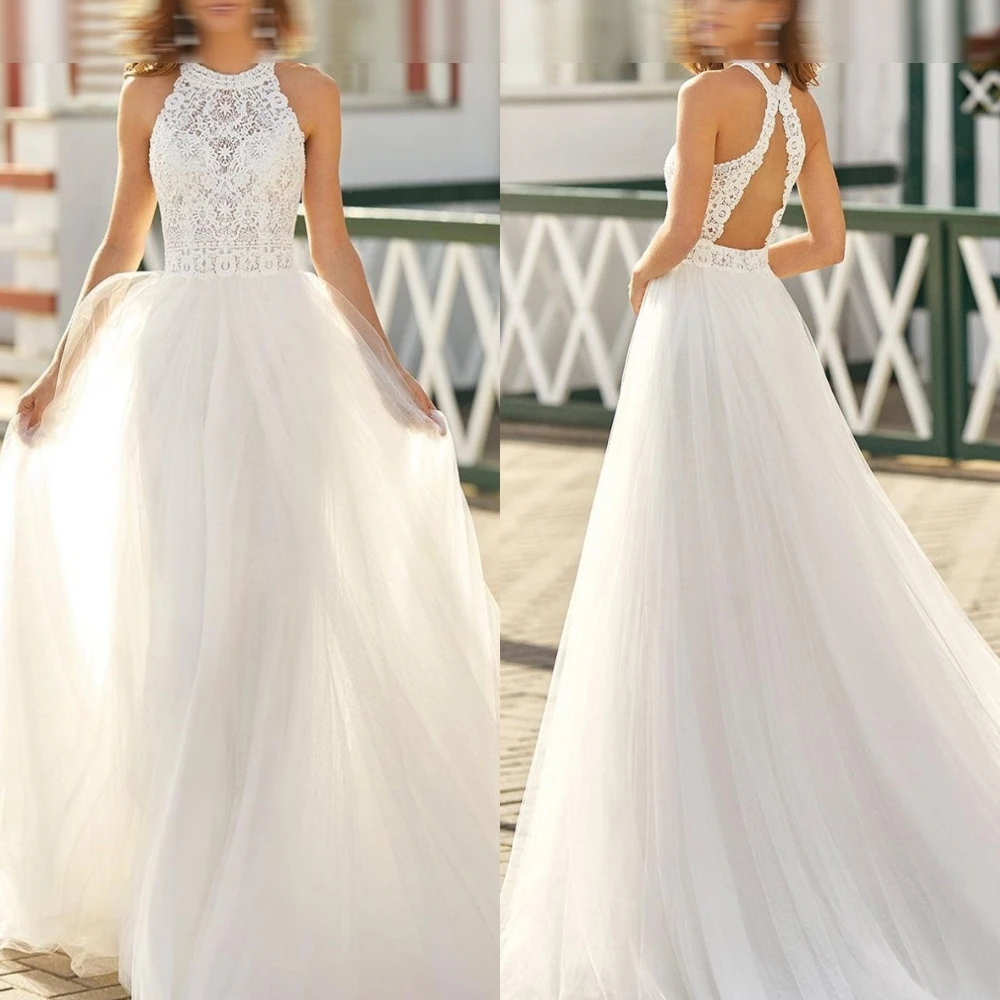 

Customized Exquisite Appliques A-Line Wedding Dresses White Tulle Vestido De Novia Boho Bohemian Halter Open Back Bridal Gowns