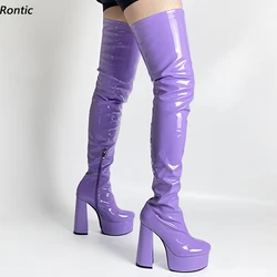Rontic Damen-Frühlings-wasserdichte Oberschenkelstiefel, Lackleder, klobige Absätze, runde Zehen, wunderschöne blaue violett-grüne Club-Schuhe, Größe 34, 45, 47