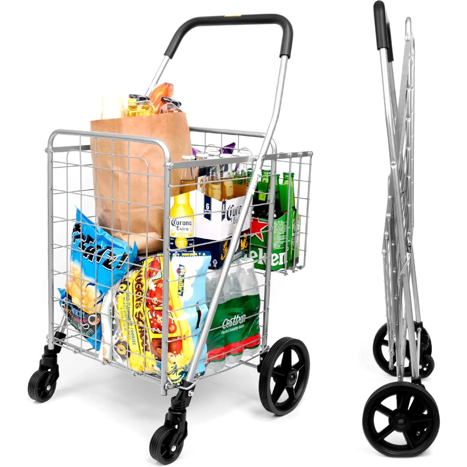 

US Grocery Utility Shopping Cart - Deluxe Folding Cart with Double Basket and 360° Rolling Swivel