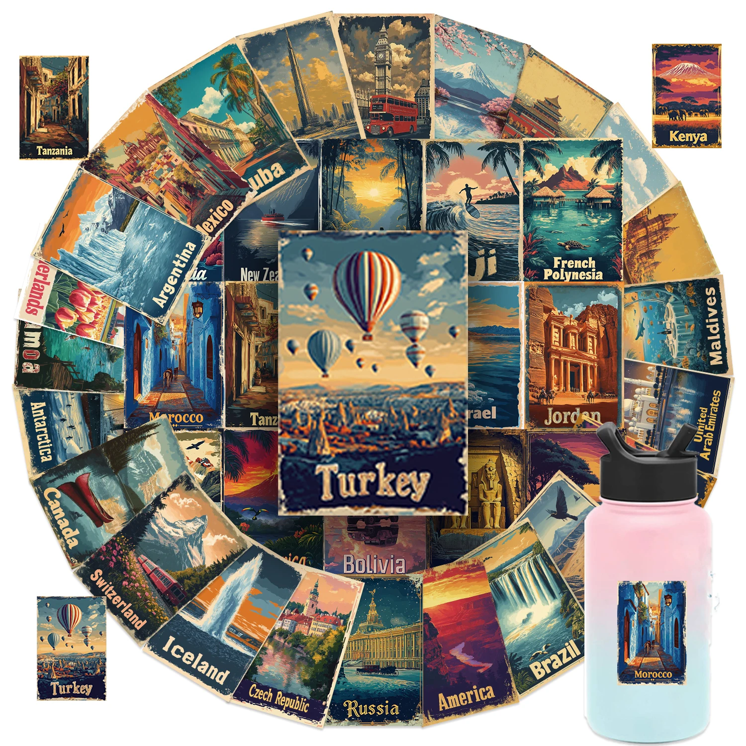 50 個ヴィンテージトラベルポスター 1950 年代ステッカーカラフルな装飾デスクノートブックとガラス封筒ノートブックアクセサリーステッカー