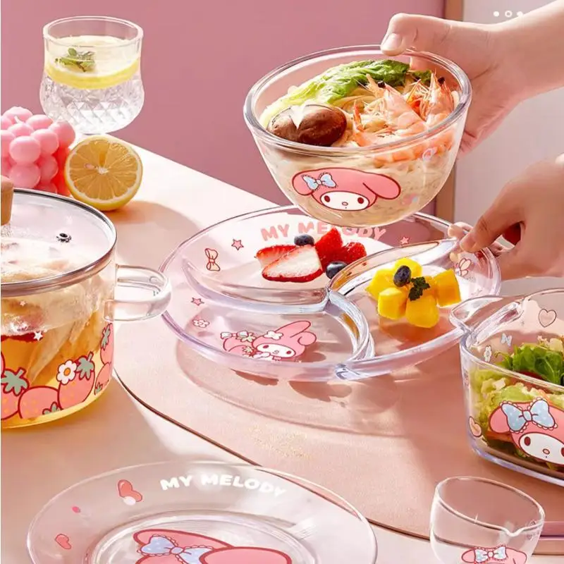 Vajilla Sanrio Hello Kitty My Melody dibujos animados lindo hogar de alta capacidad tiene una comida tazón de fideos ensalada de frutas vajilla de vidrio