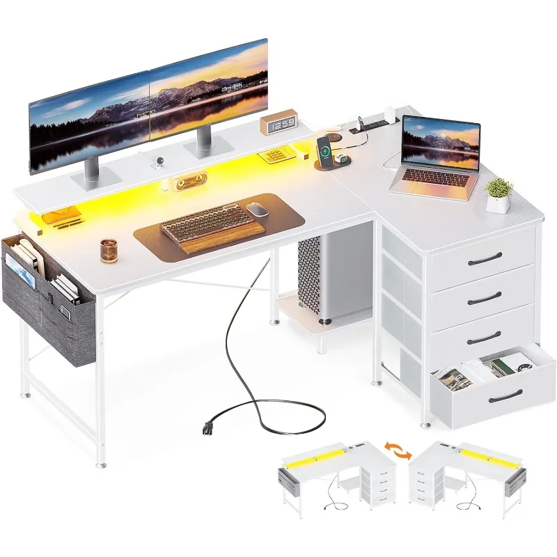 Bureau d'ordinateur de 55 pouces réversible en forme de L, table de jeu avec lumières LED et prise de courant USB, bureau d'angle avec support de moniteur