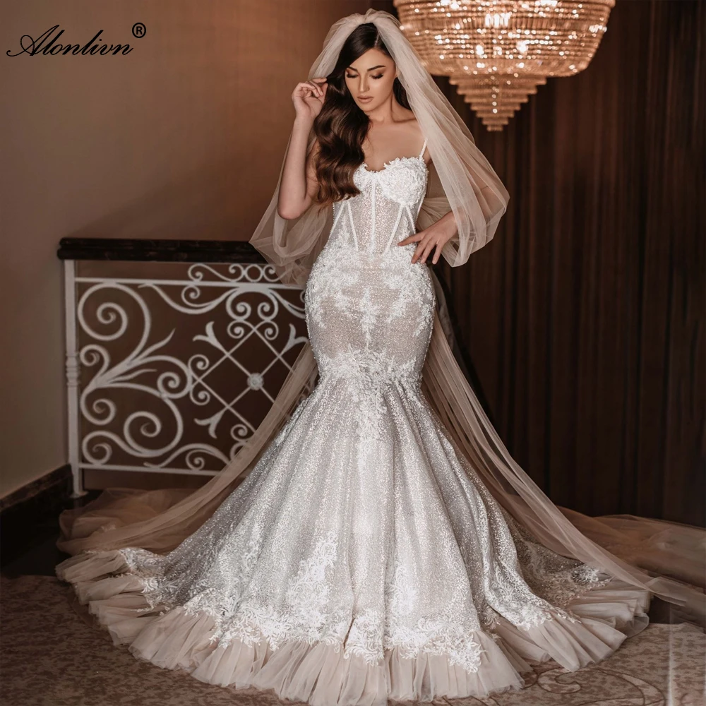 Alonlivn  Gorgeous Lace Sweetheart Mermaid Wedding Dress Beading Pearls Appliques Spaghetti Straps Trumpet Bridal Gowns