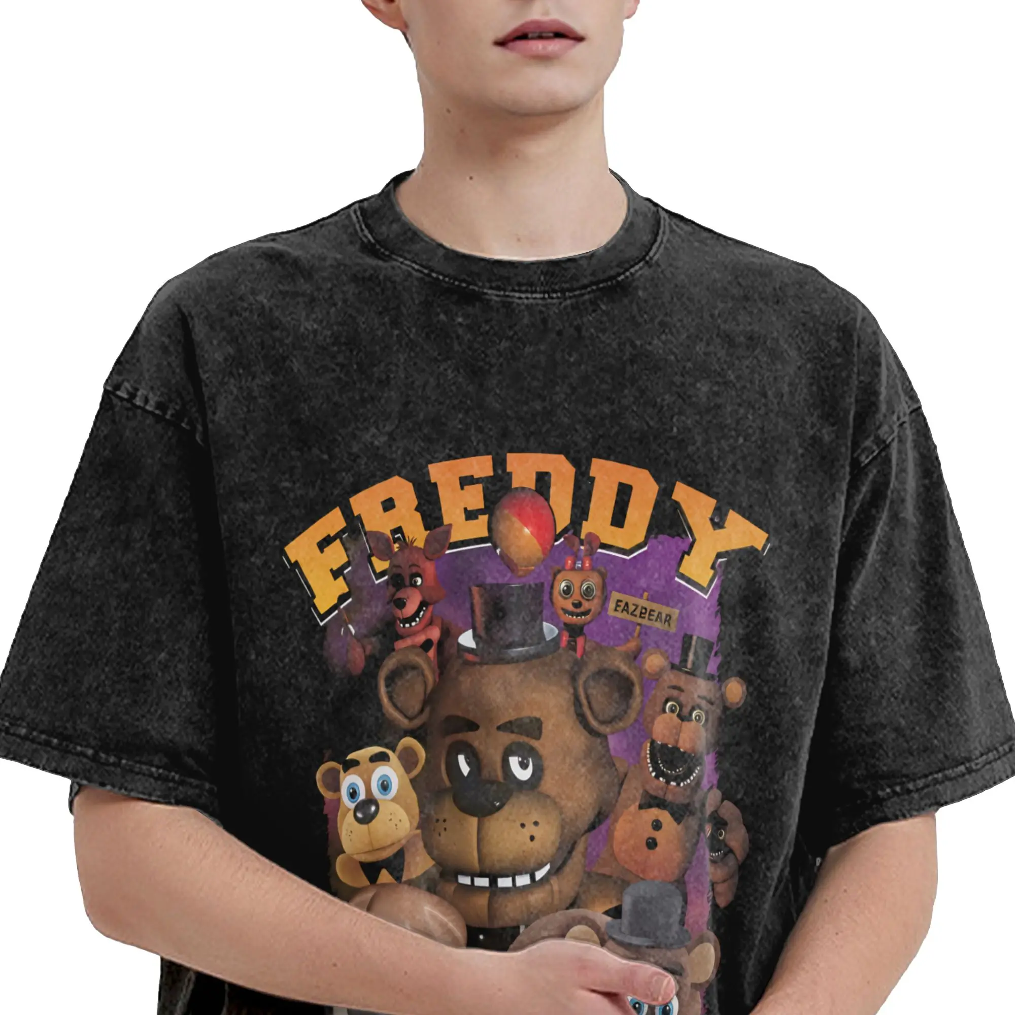 

Couple T-Shirt FNAF At Freddys Washed T Shirts Hip Hop Summer Tee Shirt Y2K Retro Pattern Casual Clothes Birthday Gift