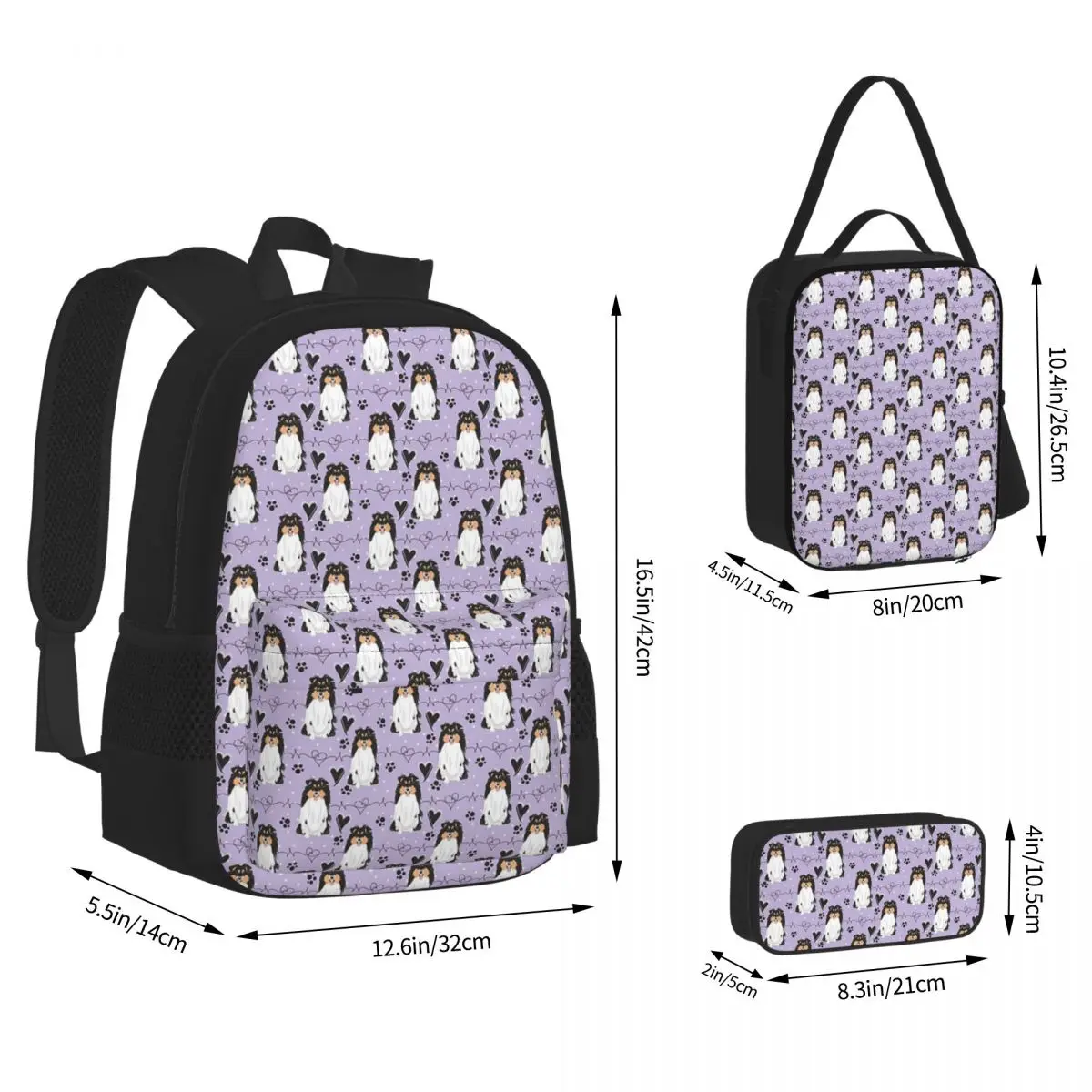 LOVE Tri Color Sheltie Dog Shetland Sheepdog Backpacks Bookbag School Bags Children Rucksack Lunch Bag Pen Bag Three-Piece Set