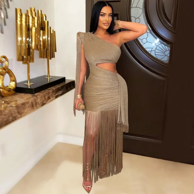 GUWU Damen One-Shoulder-Kleid mit Ausschnitt, Taille am Saum, Quaste, Midi-Maxi-langes Kleid, 2025, Club, sexy Abschlussball, Party, Abend, figurbetonte Kleider