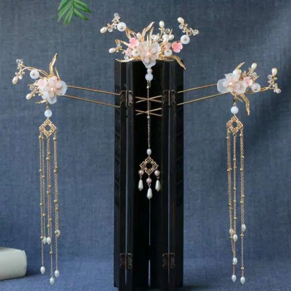 Flower Chinese Style Hairpin Set Tassel Pearls Hanfu Hair Stick Earrings Hair Chopstick Butterfly Hair Comb Betrothal