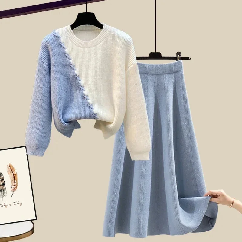 Plus Size Women's Spring Autumn Two Piece 2024 New Loose O Neck Knitted Sweater+a Line Half Skirt Two-piece Dresses Set