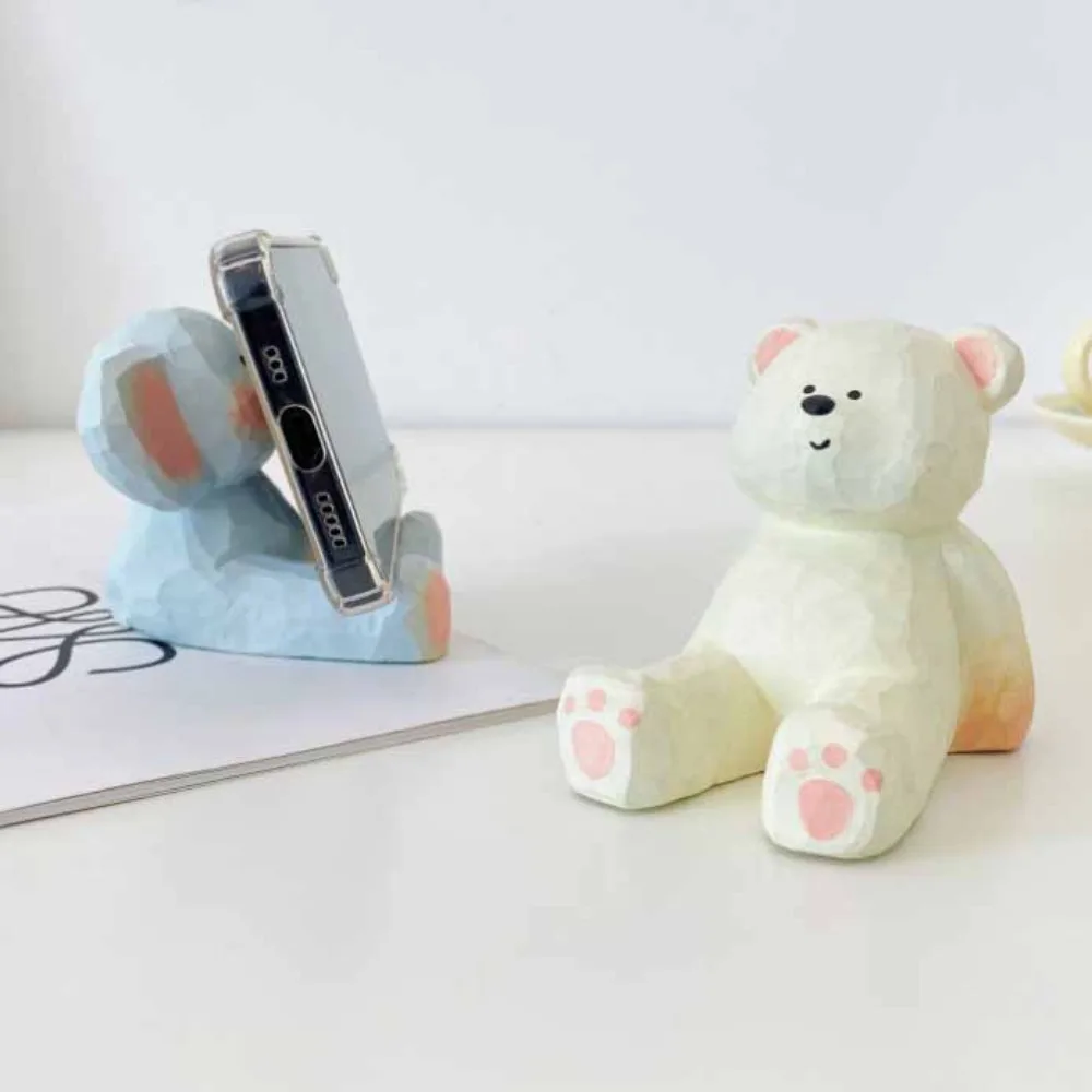 Woodcarving Creative Phone Holder Animal Figure Bear Mobile Phone Stand Desk Decor Cartoon Cell Phone Bracket Small Gifts