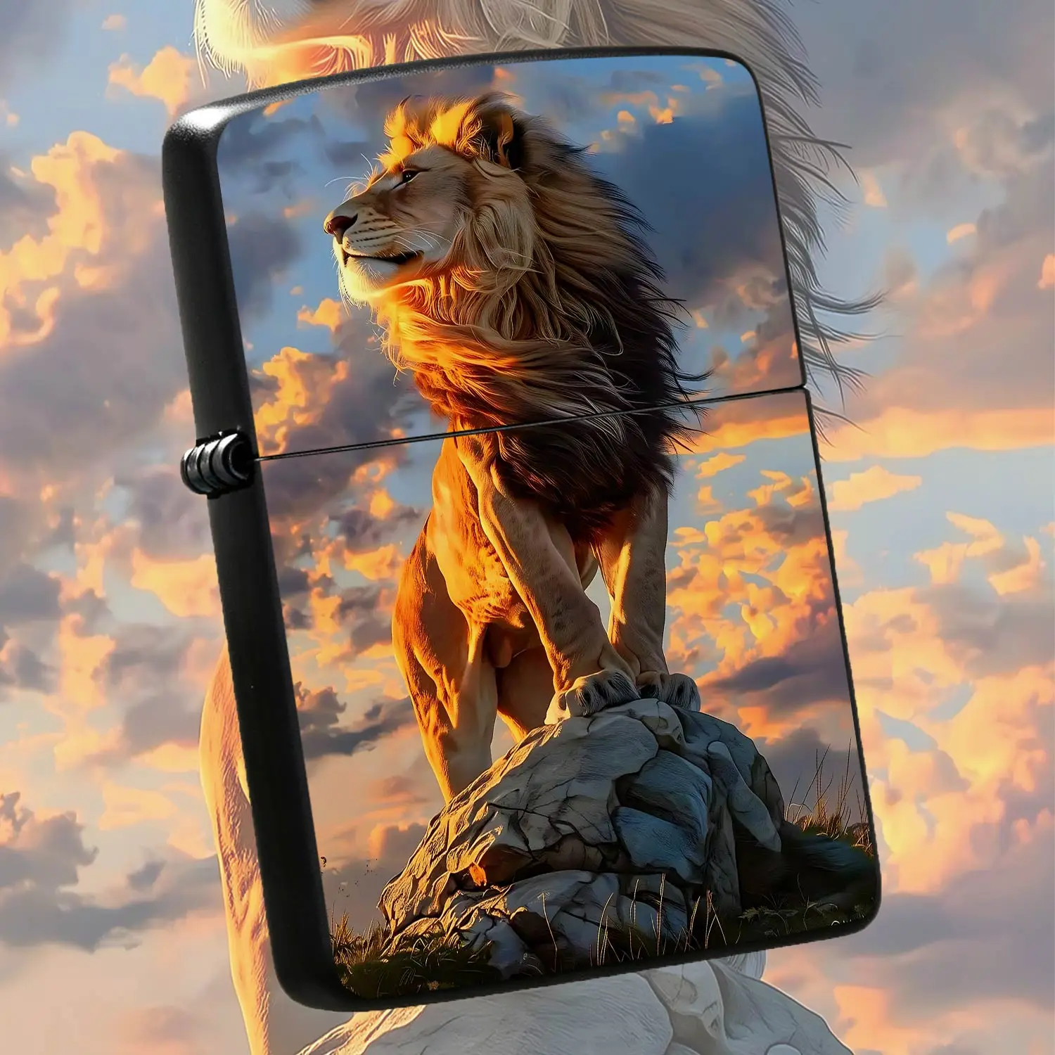 Portable Lighter With Majestic Lion Standing On Rock Sunset Scenery Print, Ideal For Outdoor Camping, Daily Travel, Gifting To Friends, Suitable For All Scenarios, Stylish Durable Creative Atmosphere Enhancing Practical A Humorous And Inter