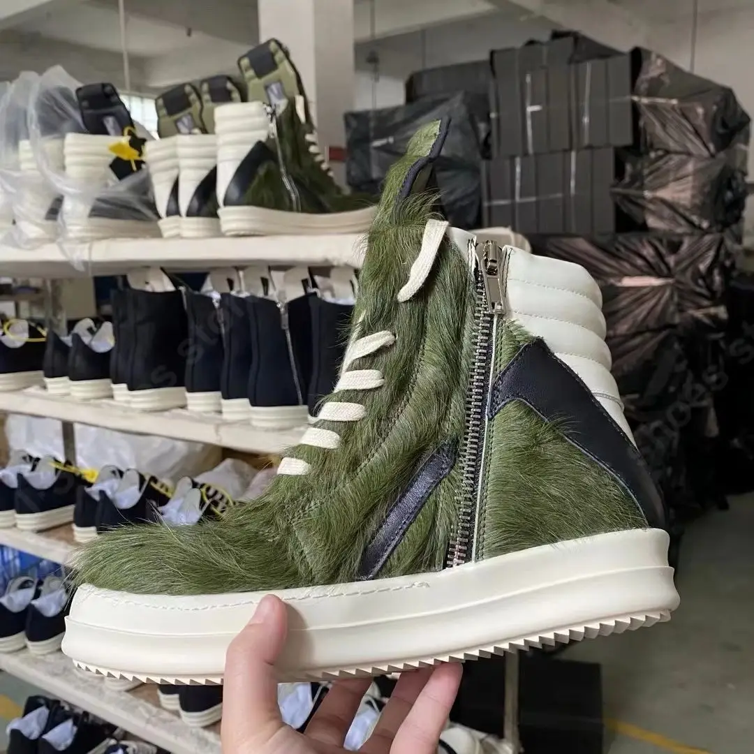 Ricks Men Shoes Brand RO Ankle Boot Army Green Horsehair Casual Shoes Owen Women Sneaker Hose Hair Army Boots Zip High Top Shoe