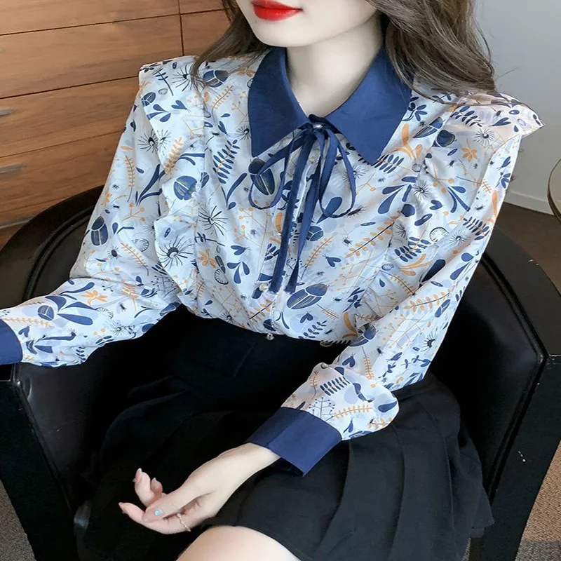 Fashion Printed Button Ruffles Lace Up Bow Shirts Female Clothing 2023 Autumn New Casual All-match Tops Office Lady Blouses