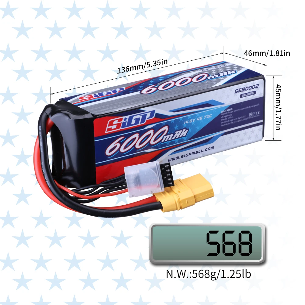 4S Lipo Battery 14.8V 6000mAh 7300mAh 70C Soft Pack with XT90 Connector for RC Car Truck Tank Boat Racing Hobby SIGP Lipo