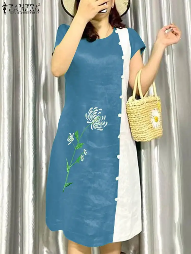 

ZANZEA Fashion Short Sleeve Sundress Casual Floral Embroidery Dress Summer O-Neck Knee Length Dresses Woman Elegant Loose Robe