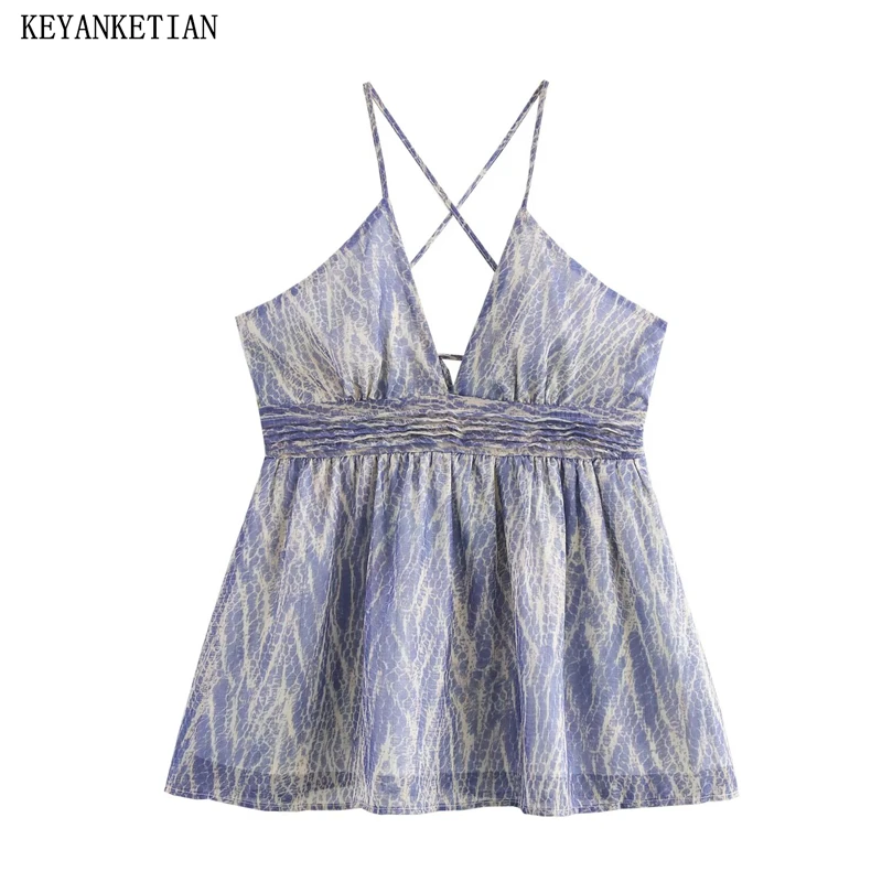 

KEYANKETIAN 2026 Spring New Women's Tie dye Print Chiffon Halter Top Vest Holiday wind Lace Up Backless Deep V-neck Camisole