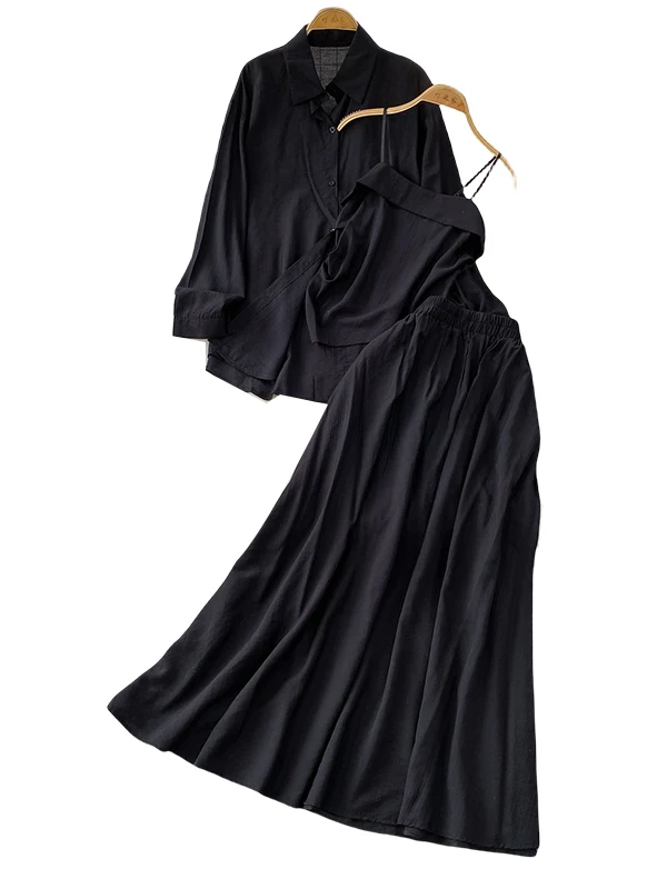 Korean Sle Long Sve Sun Protection irt + Pleated Slimming Underwear + High Waist  Skirt Tee-Piece Set Women's Fa...