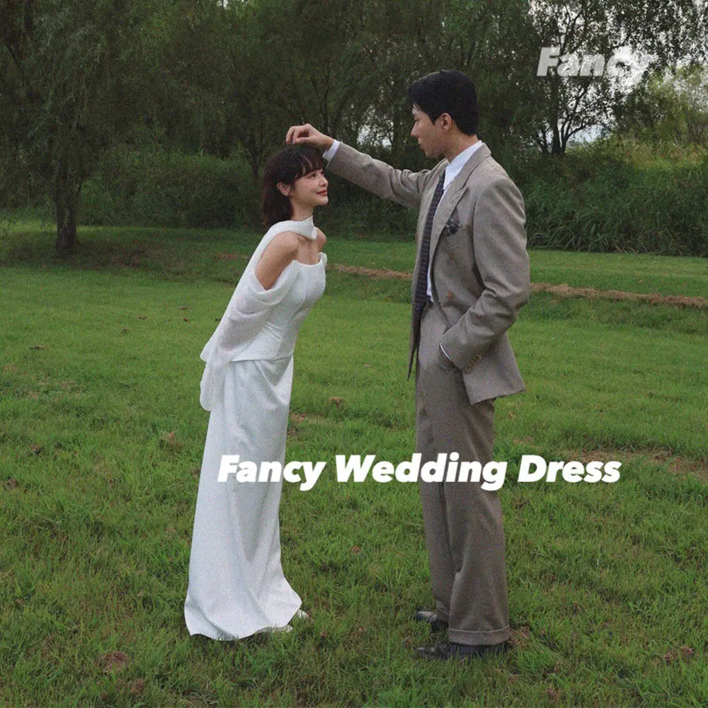 Fancy Simple Off Shoulder Korea Wedding Dress A Line Korea Photo Shoot Bridal Gown Floor Length Back Corset Customized