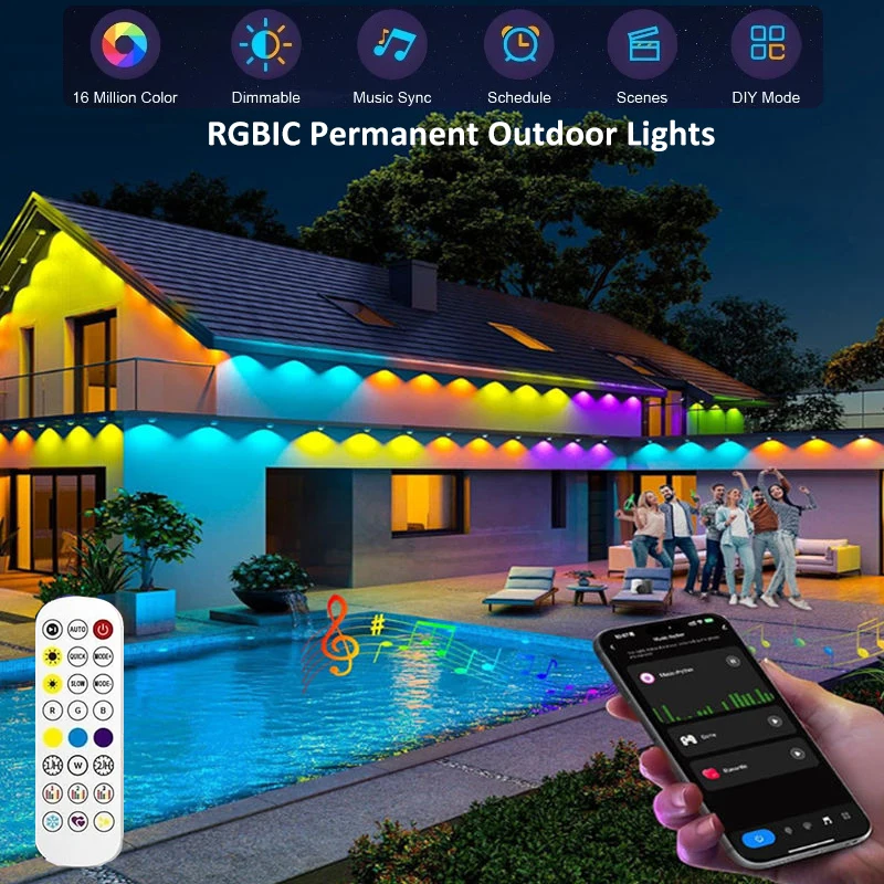 

Умный карнизный светильник, постоянный уличный IP67, водонепроницаемые светодиодные фонари, удаленное приложение, синхронизация музыки, таймер, гирляндное освещение для дома, праздника