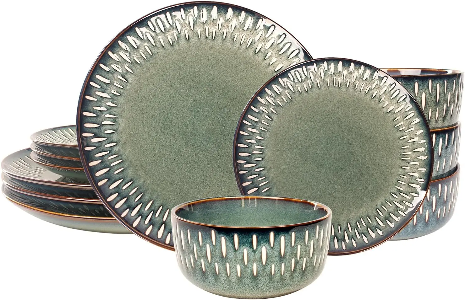 

Dinnerware Sets 12 Pieces - Round Reactive Glaze Tableware - Kitchen Dinnerware Porcelain Crockery with Dinner Plate, Bowl and S