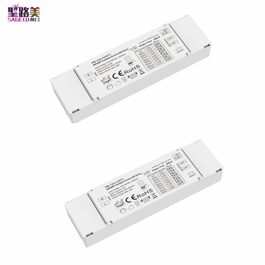 

3-24VDC (350-700mA)/9-45VDC (100-450mA) 12W WiFi & RF Constant Current Tuya APP DIP Switch LED Driver Controller For LED Lights