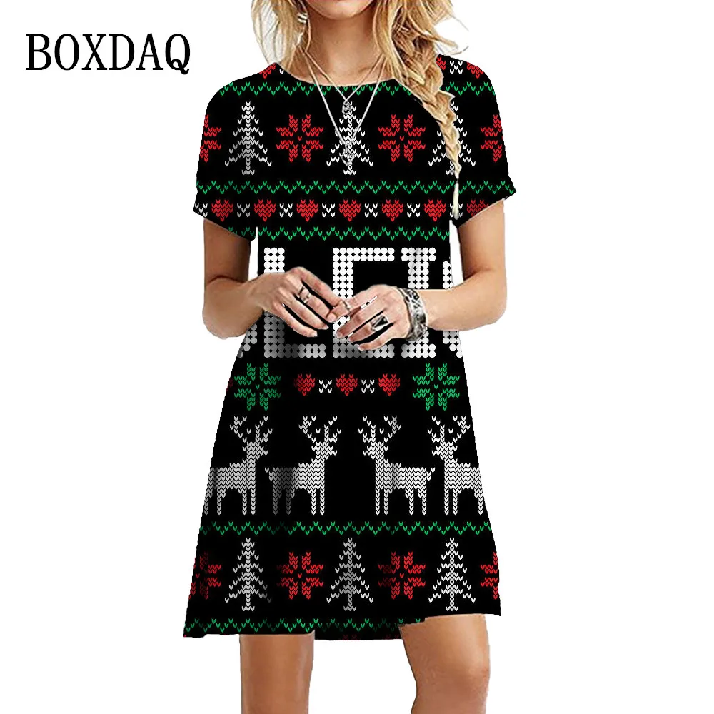 

New Year 2023 Winter Christmas Deer Snowflake Dresses Women Short Sleeve Loose X-Mas Tree Fashion Sweet O-Neck Party Mini Dress