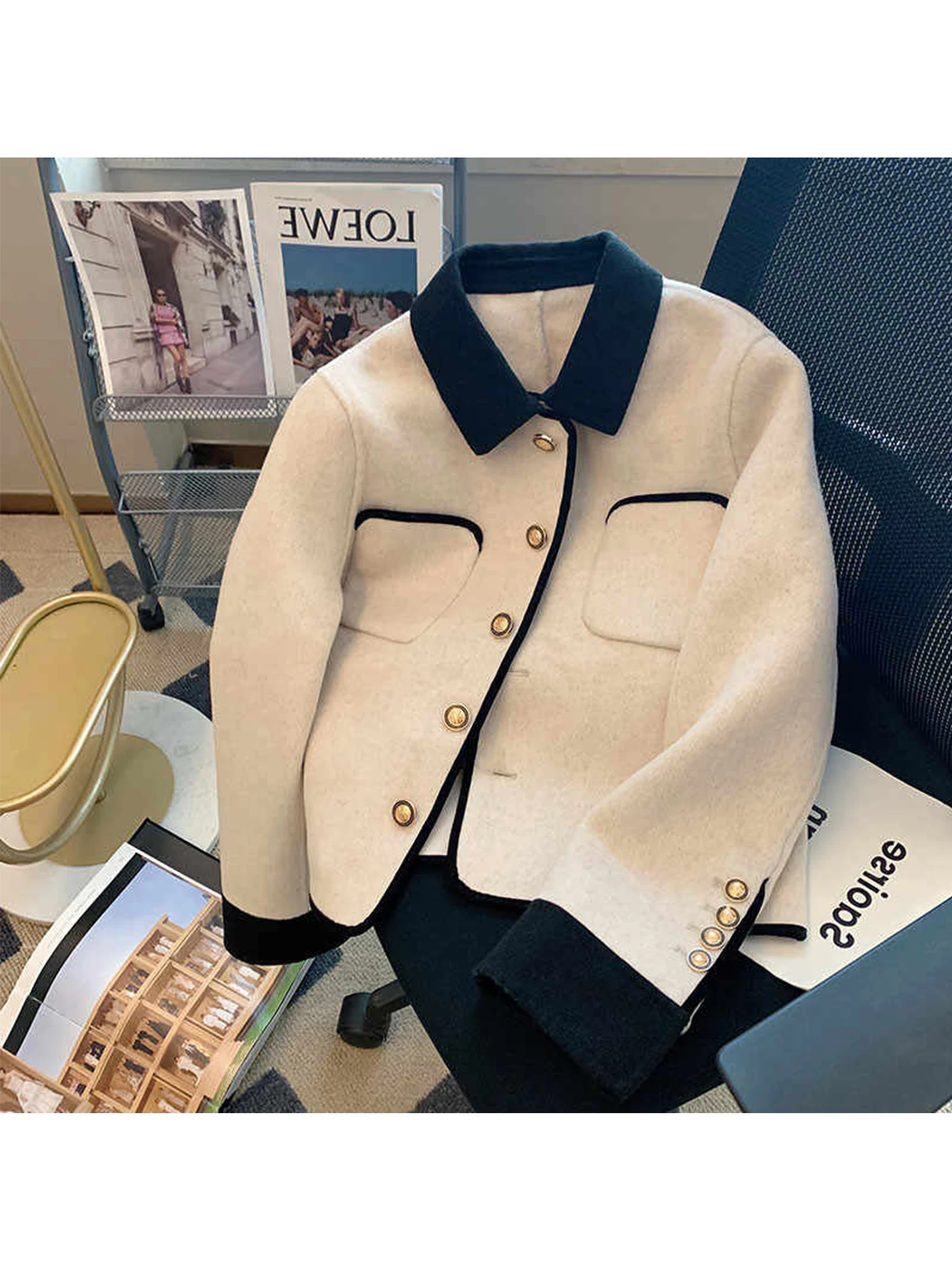 

Женская белая осенняя куртка, пальто в стиле Харадзюку, укороченная шерстяная куртка с длинными рукавами, винтажная кашемировая верхняя одежда 2000-х годов, модная одежда