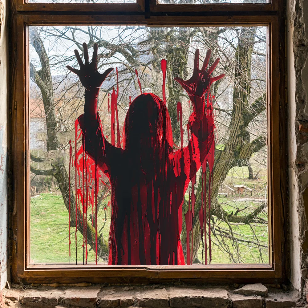 Pegatina de Pared con Silueta de Fantasma Sangriento Multiestilo, Calcomanía de Ventana con Huella de Mano de Zombi, Decoración de Halloween de PVC Removible y Autoadhesiva