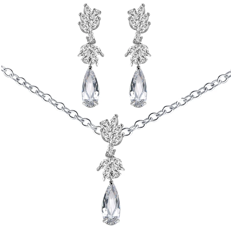 Fashion Water Drop Leaf AAA Cubic Zirconia Necklace Earrings Jewelry Sets for Women Wedding Party Accessories Set