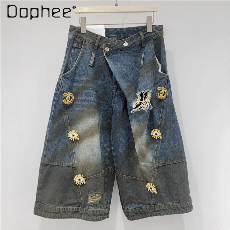 

American Retro Old Ripped Hole Deconstruction Scimitar Denim Cropped Pants Street Trendy Brand Loose Casual Wide-leg Shorts