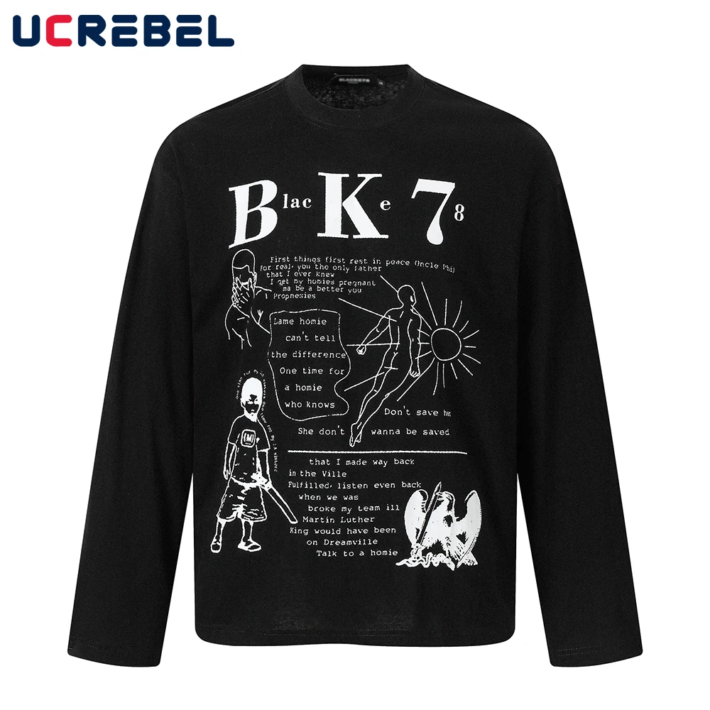 

Graffiti Letter Print Long Sleeve T-shirt Mens Autumn Retro High Street Loose Crew Neck Cotton Tee Man Tshirt