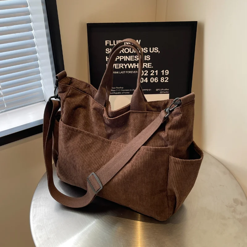 Bolso de mano de pana con múltiples bolsillos de Color Simple, mochila informal de gran capacidad adecuada para viajes al aire libre, bolsos de trabajo para ir al trabajo