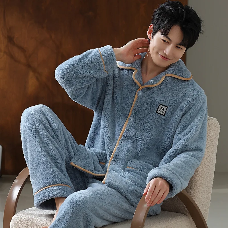 Winter Warm Fleece Pajamas Sets for Men Lapel Collar Button 2 Piece Sleepwear Sets Thicken Flannel Home Suit Soft Pants Homewear