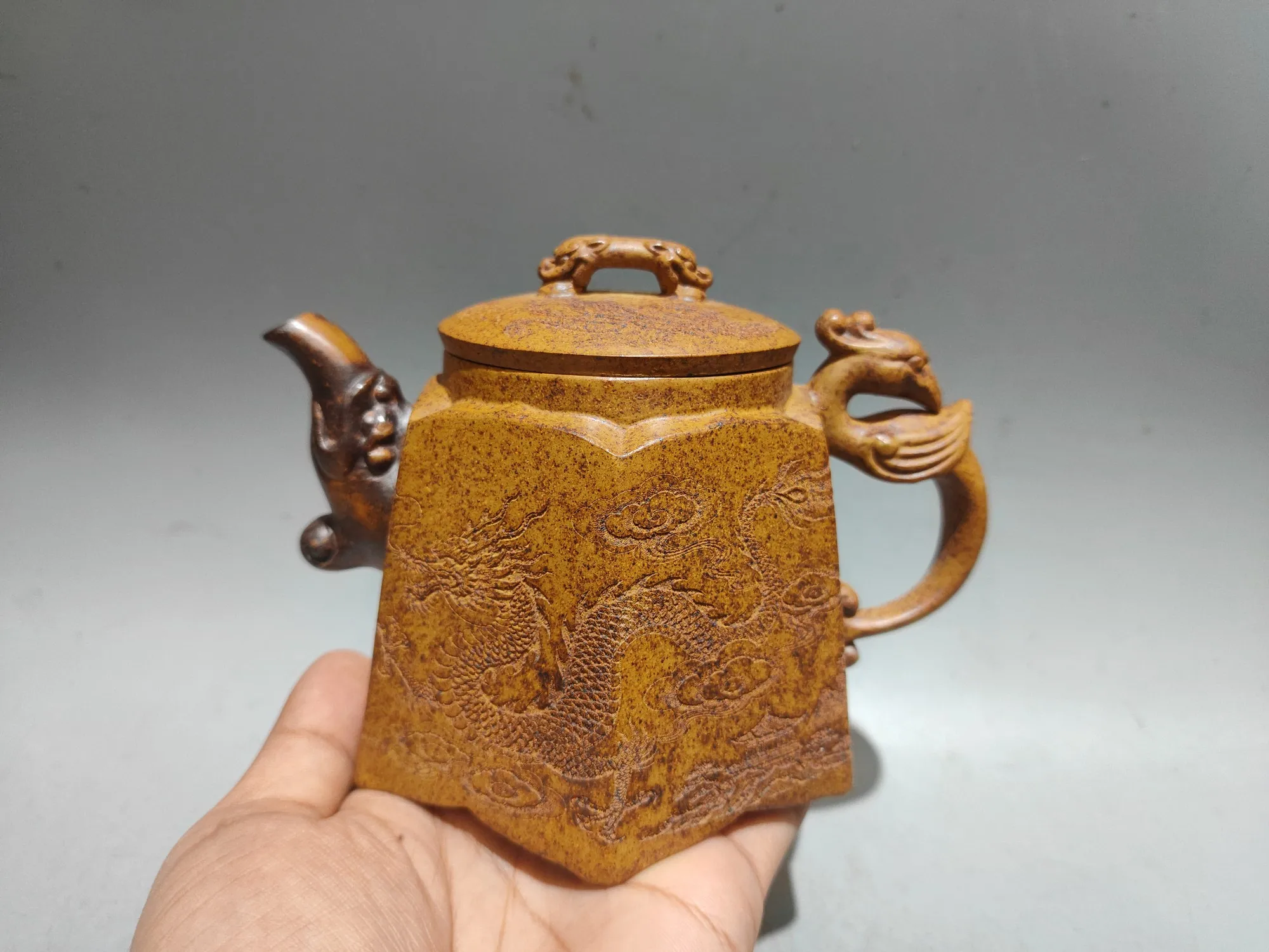 Yixing Purple Clay Pot Beast skull Chinese Loong pattern Phoenix handle pot Kettle Teapot Flagon