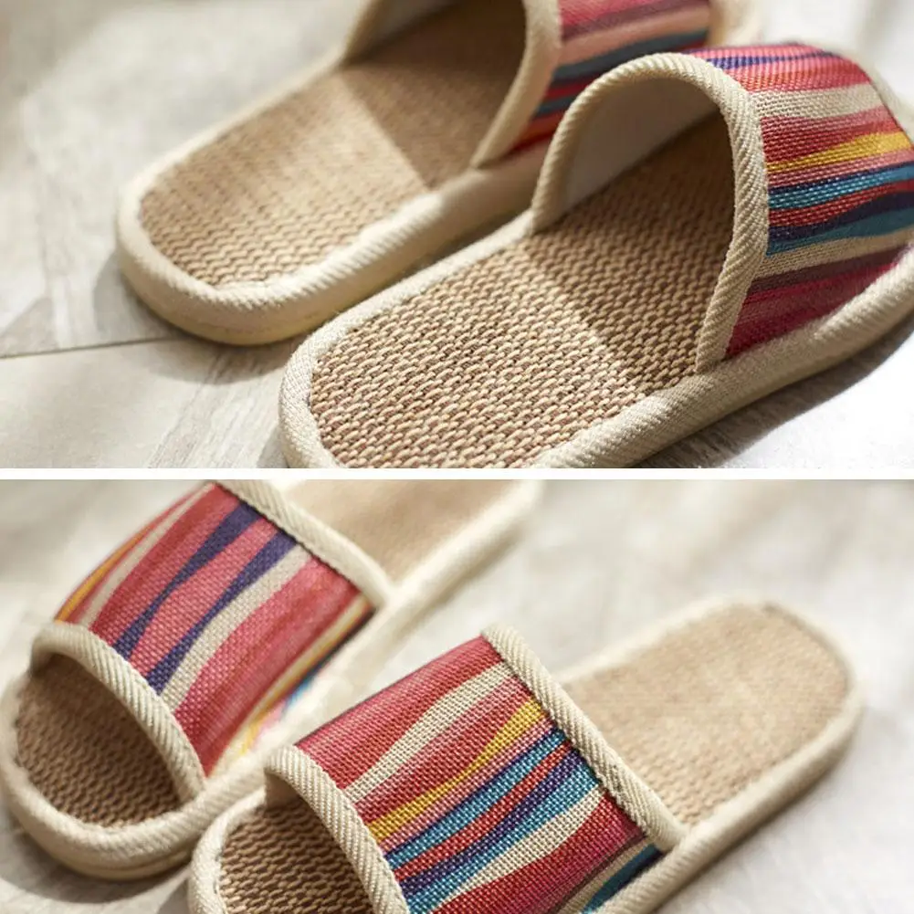 Gestreifte Leinen-Hausschuhe mit offener Zehenpartie für Damen, atmungsaktive Leinen-Slipper mit rutschfester Sohle für den Innenbereich, Schlafzimmer-Hausschuhe – Detail 15