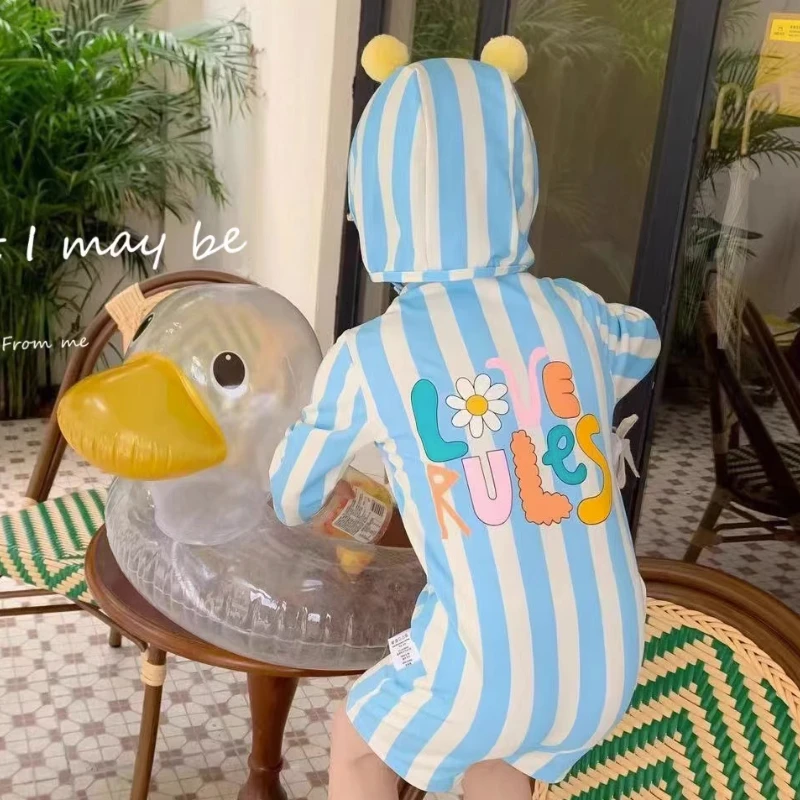 Summer Baby Long Sleeve Sun Protection Swimwear Kids Boys Quick Drying Swimsuit Striped Letter Print Zip Beachwear with Swim Cap