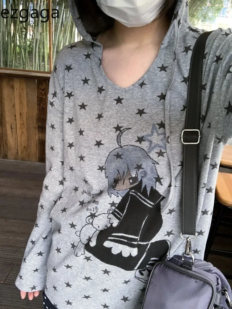 

Ezgaga Women T Shirts Cartoon Printed Star Y2k Aesthetic Cute Autumn Fashion Loose Long Sleeve Harajuku Tops Female Casual