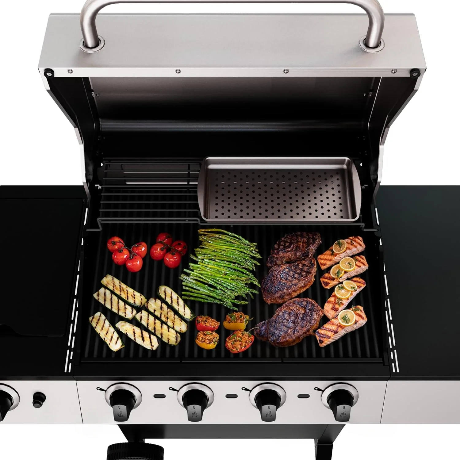 Stainless Steel Gas Barbecue Grill with Chef's Delight Tray, Electronic Ignition, Removable Grease Pan,