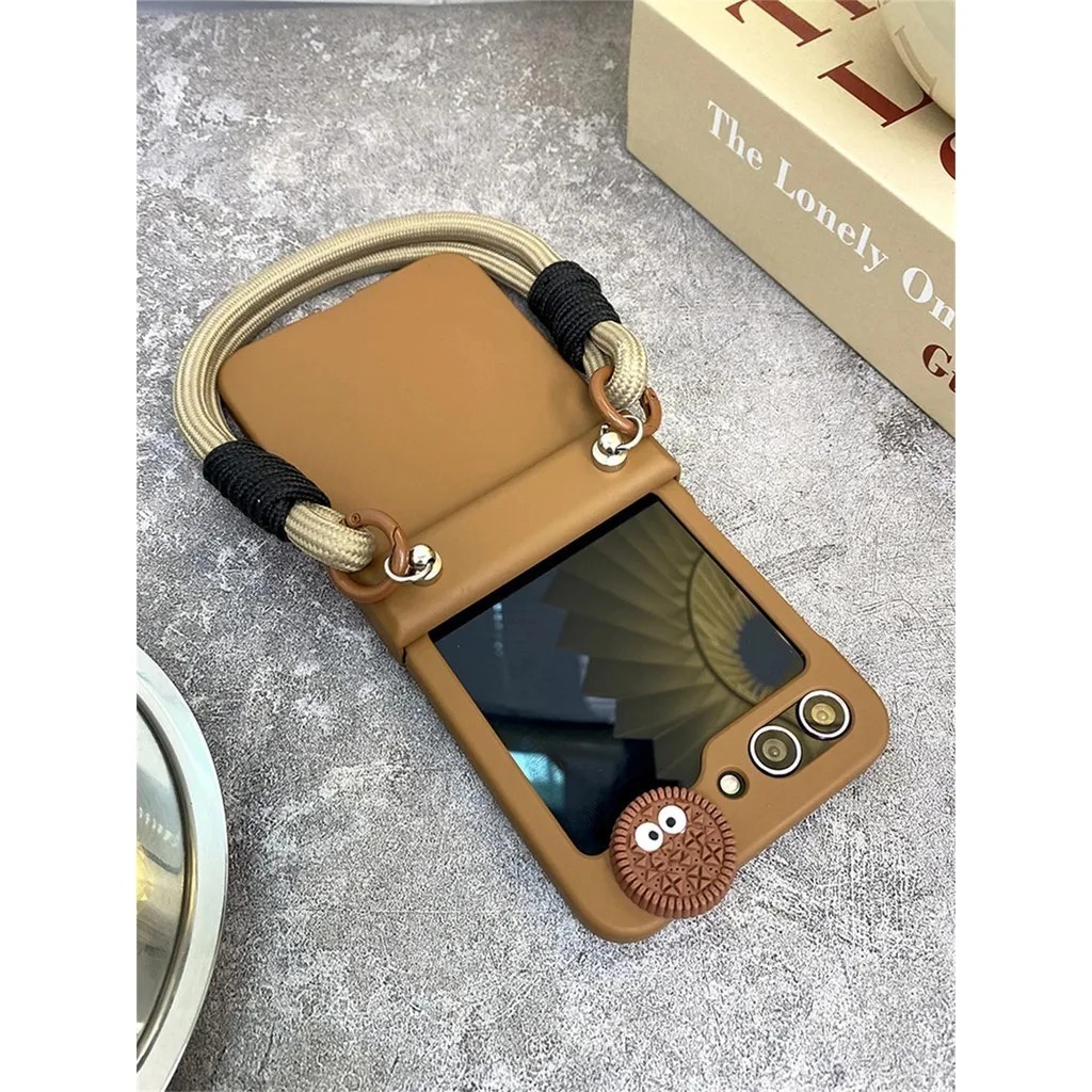 Cute Korean Portable Hand Strap Rope 3D Biscuit Cookie Brown Hinge Case For Samsung Galaxy Z Flip 6 5 4 3 5G Shockproof Cover