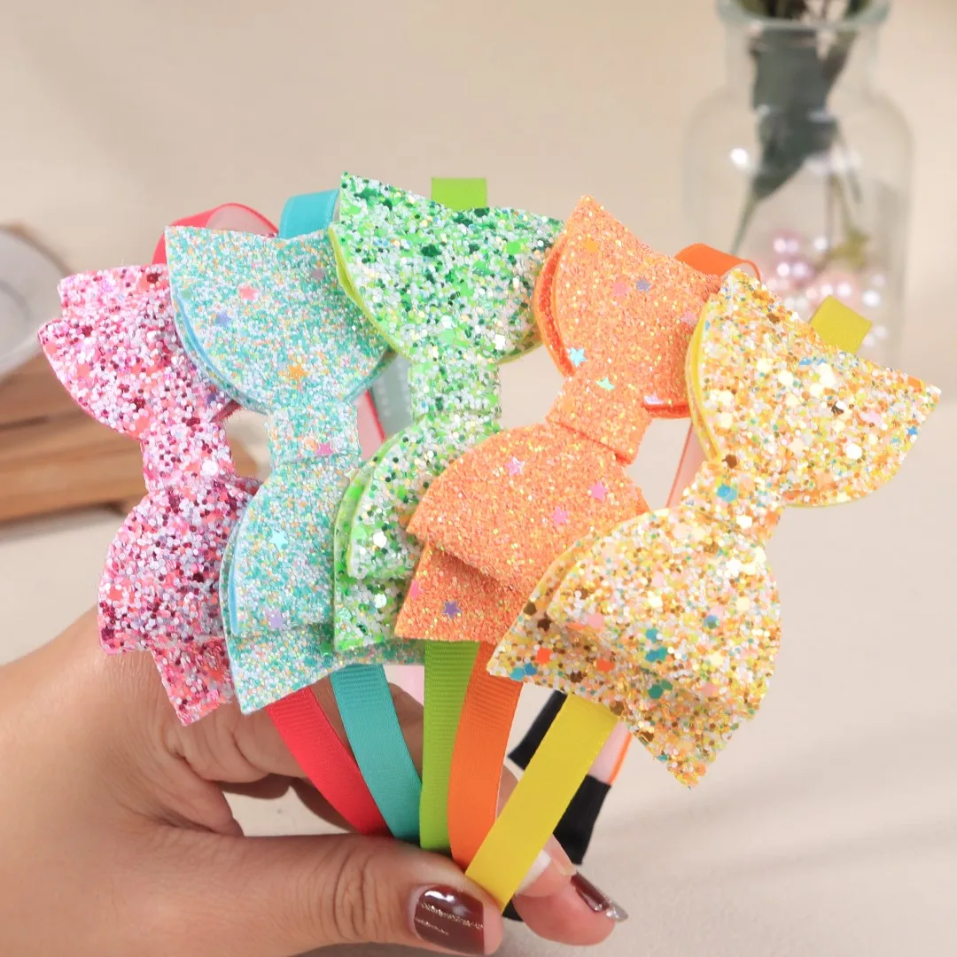 5pcs Girls Hair Bows Headbands Glitter Bows Hairbands Fashion Children Kids Teeth Plastic Headband Girls Kids Hair Accessories