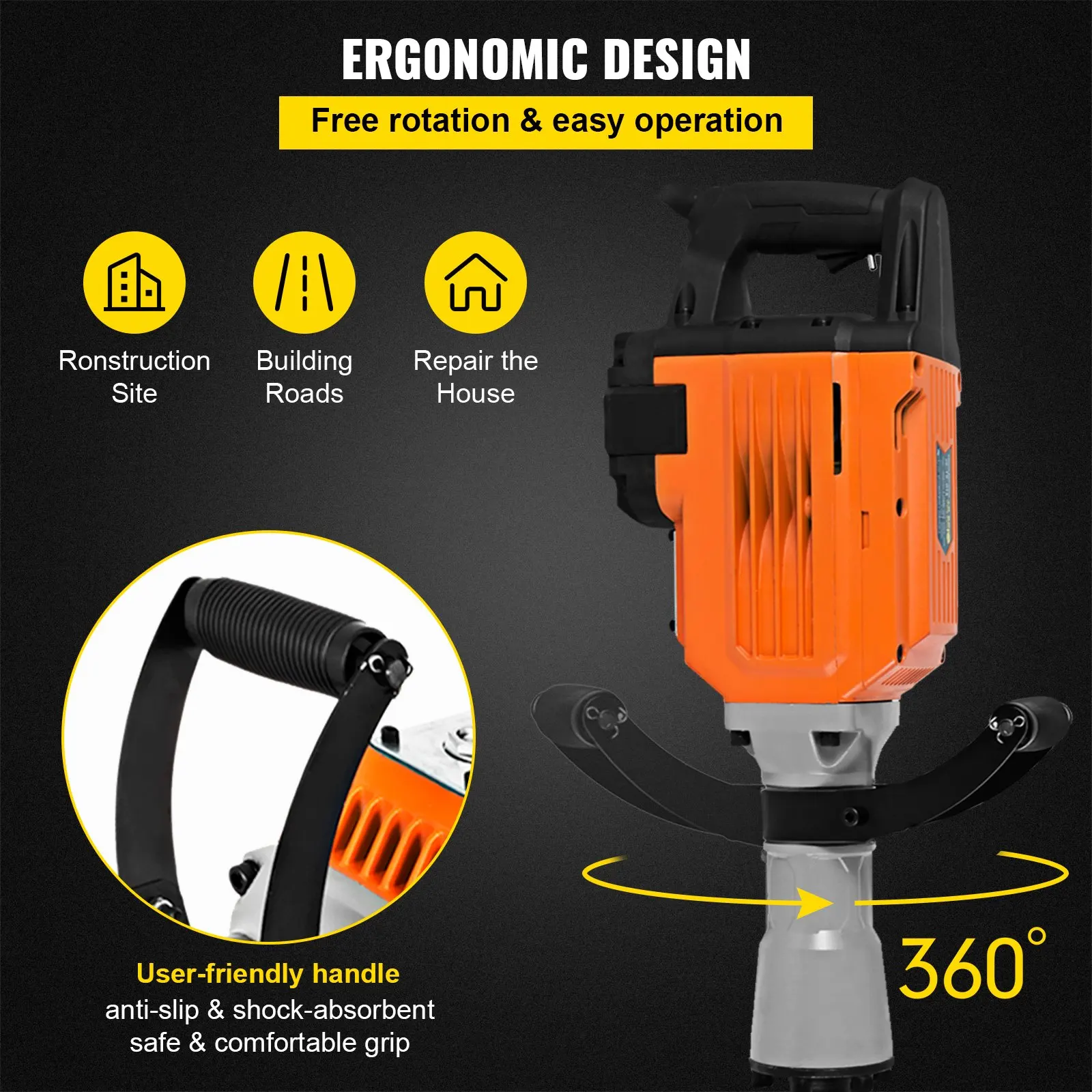 3600W Electric Demolition Hammer Heavy Duty Concrete Breaker 1400 BPM Jack Hammer Demolition Drills with Flat Chisel Bull Point