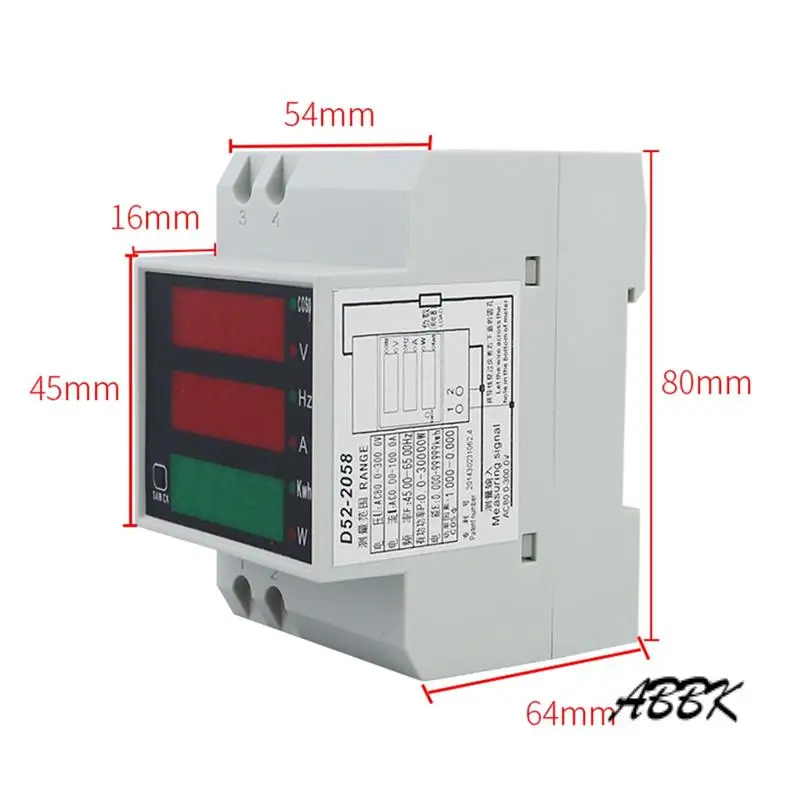 

ABBK-D52-2058 Wattmeter Din Rail Volt Current Meter Power Factor Digital Meter AC80-300V Multi-Function Kwh Hz Meter 0-100A
