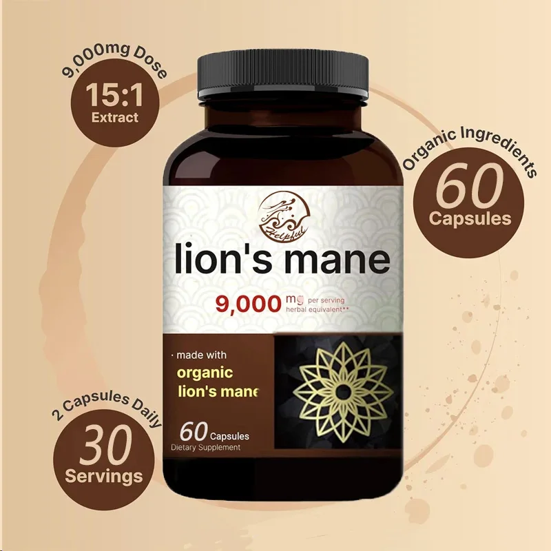 Cápsulas suplementares de cogumelo Lion Mane 9000mg 60 cápsulas Quebra-cabeça cognitivo cerebral e suporte para saúde imunológica - Não OGM